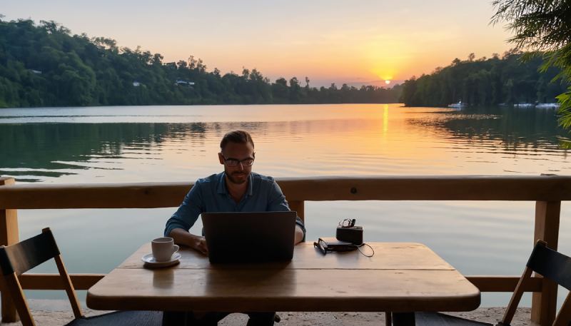 a man sitting and doing his work in scenic enviroment